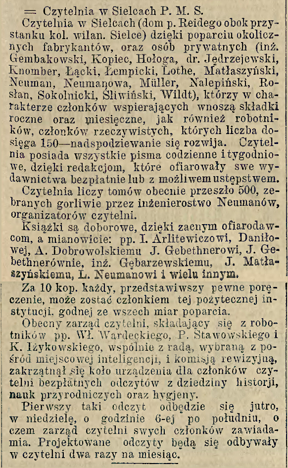 Czytelnia w Sielcach Czytelnia w Sielcach, 1907