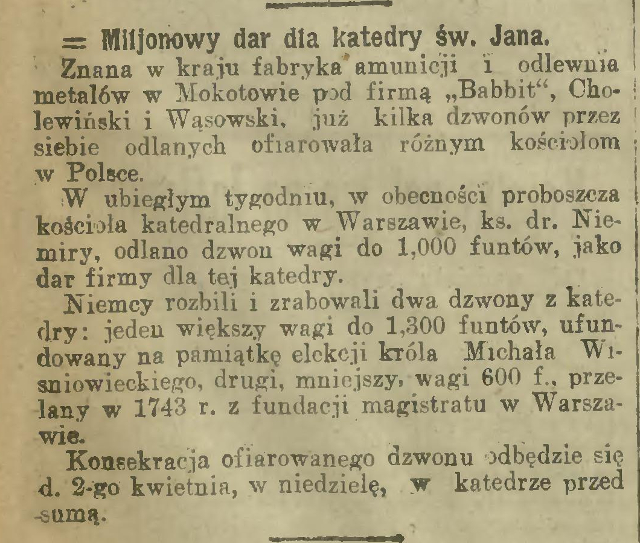 Dzwon dla Katedry Dzwon dla Katedry, 1922