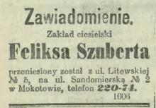 Zakład ciesielski przeniesiony, 1913