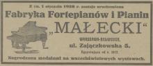 Fabryka Fortepianów Małecki. Ogłoszenie. 1928