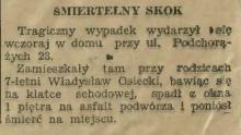 Śmiertelny skok. Dziecko wypadło z okna. 1930.