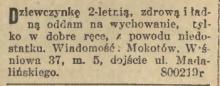 Oddam dziewczynkę, 1937