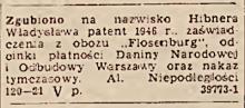 Zgubiono patent, 1947